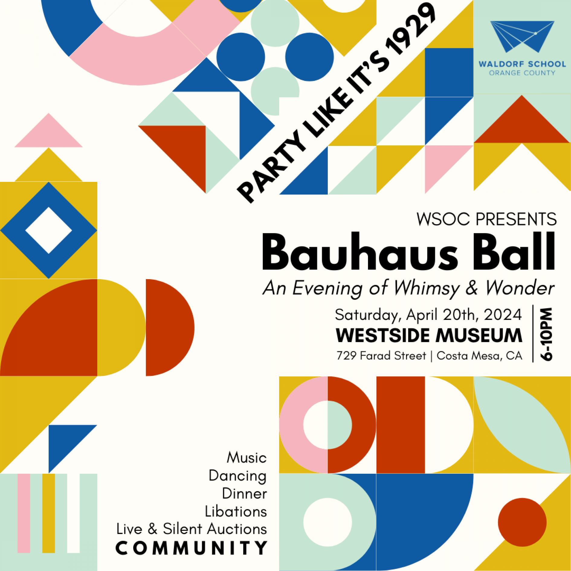 A colorful flyer inviting people to the Bauhaus Ball, a fundraiser for Waldorf School of Orange County, that is taking place at the Westside Museum in Costa Mesa on Saturday, April 20, from 6-10 p.m.
